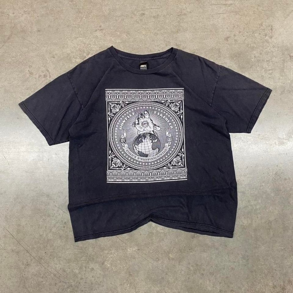 Y2K Obey Black and White Graphic T-Shirt Size L Streetwear Skater‎ Tee